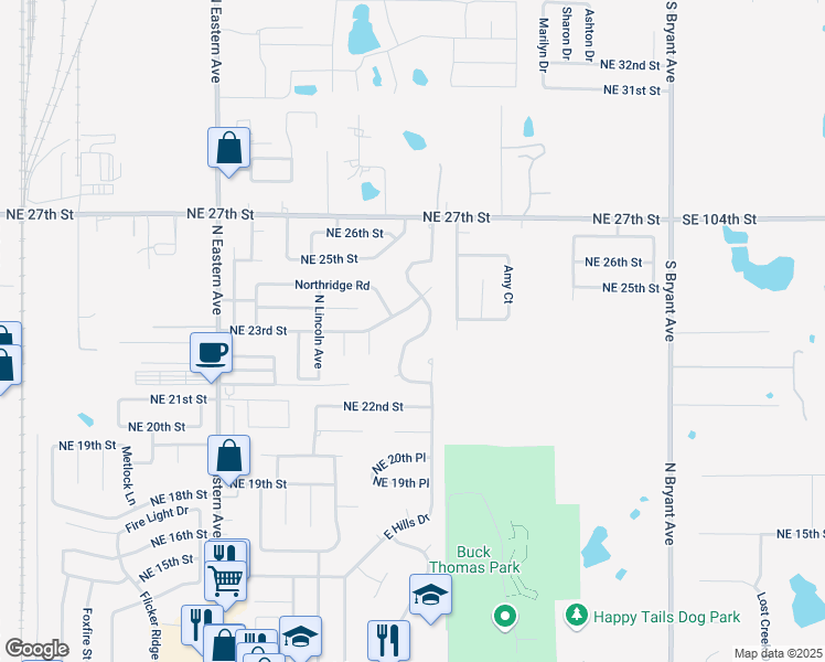 map of restaurants, bars, coffee shops, grocery stores, and more near 2425 East Hills Drive in Moore