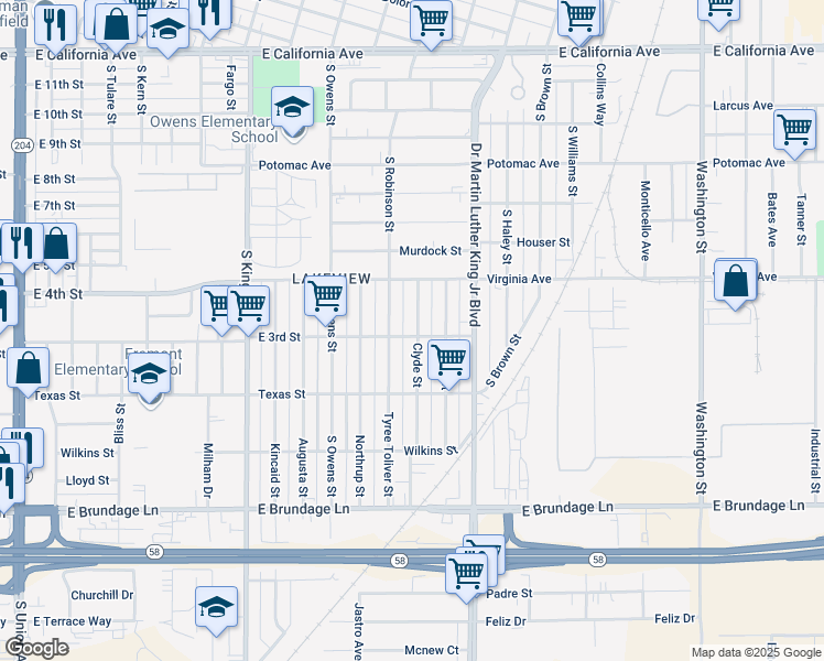 map of restaurants, bars, coffee shops, grocery stores, and more near 302 Clyde Street in Bakersfield