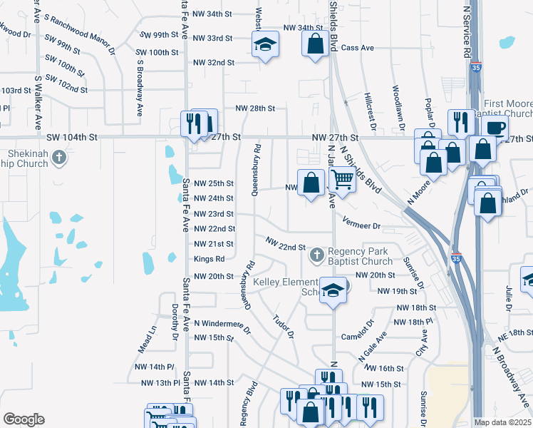 map of restaurants, bars, coffee shops, grocery stores, and more near 2401 Piccadilly Circle in Moore