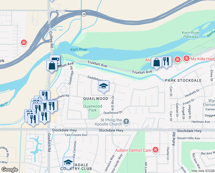 map of restaurants, bars, coffee shops, grocery stores, and more near 625 Purdy Court in Bakersfield