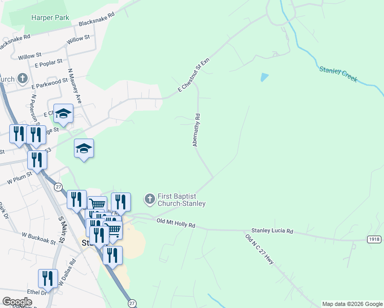 map of restaurants, bars, coffee shops, grocery stores, and more near 115 Abernathy Road in Stanley