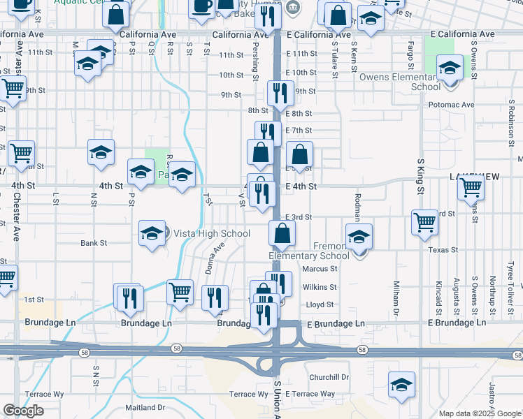 map of restaurants, bars, coffee shops, grocery stores, and more near 333 Union Avenue in Bakersfield