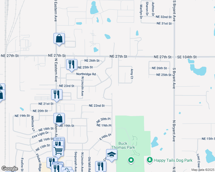 map of restaurants, bars, coffee shops, grocery stores, and more near 2428 East Hills Drive in Moore
