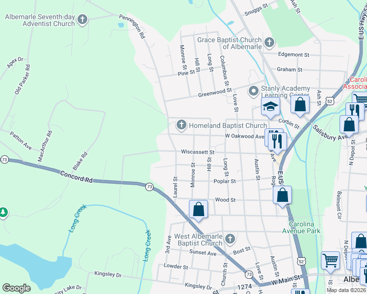 map of restaurants, bars, coffee shops, grocery stores, and more near 1222 Wiscassett Street in Albemarle