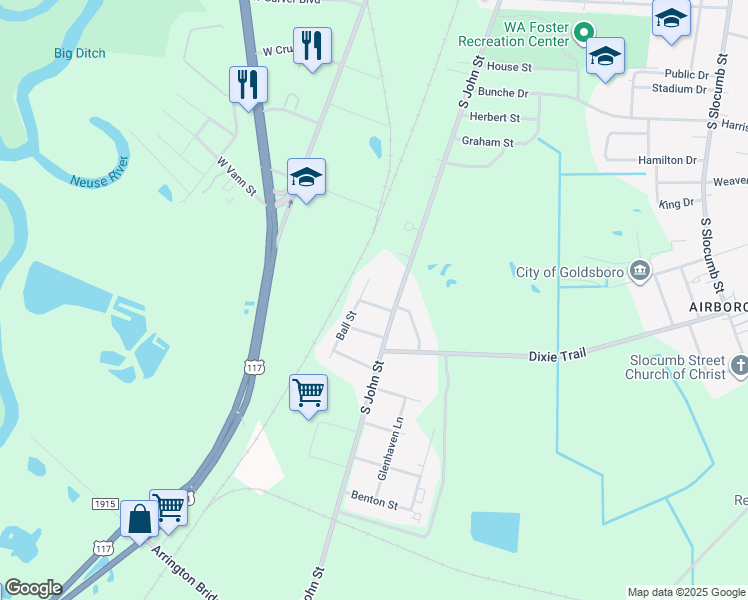 map of restaurants, bars, coffee shops, grocery stores, and more near 105 Head Street in Goldsboro