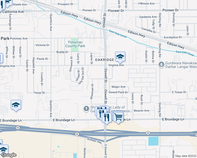 map of restaurants, bars, coffee shops, grocery stores, and more near 3017 Alloway Lane in Bakersfield