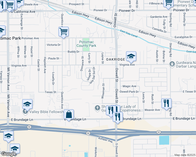 map of restaurants, bars, coffee shops, grocery stores, and more near 201 Isla Del Sol Drive in Bakersfield