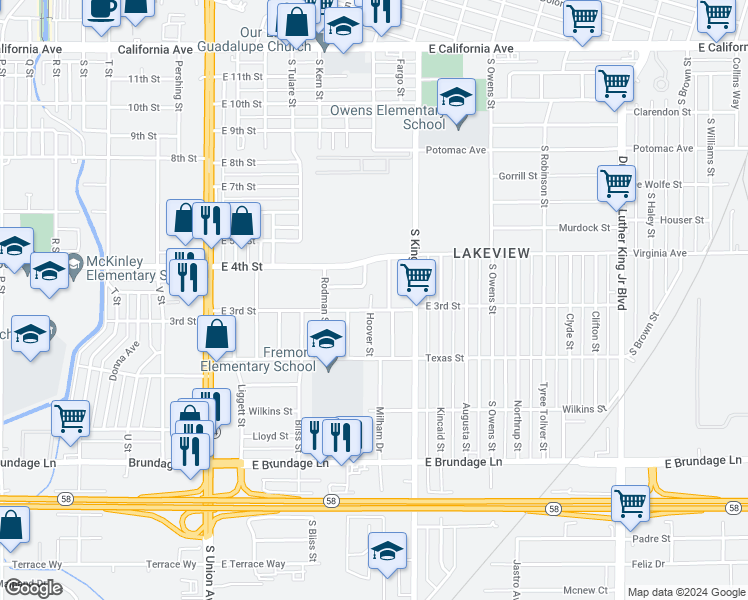 map of restaurants, bars, coffee shops, grocery stores, and more near 636 East 3rd Street in Bakersfield