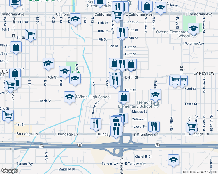 map of restaurants, bars, coffee shops, grocery stores, and more near 330 Donna Avenue in Bakersfield