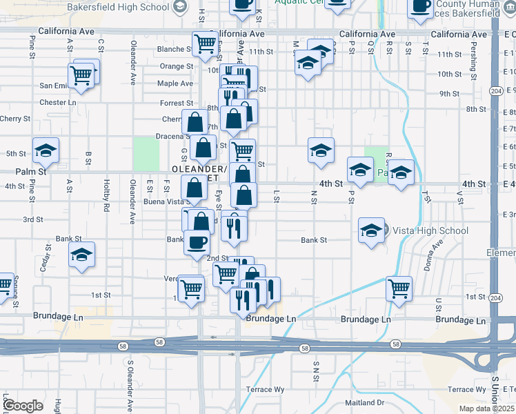 map of restaurants, bars, coffee shops, grocery stores, and more near 1331 Chester Place in Bakersfield