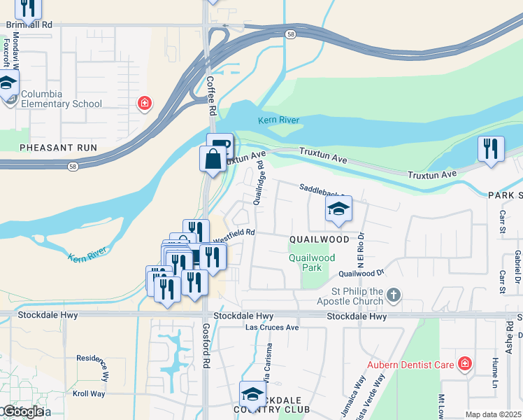map of restaurants, bars, coffee shops, grocery stores, and more near 7800 Westfield Road in Bakersfield