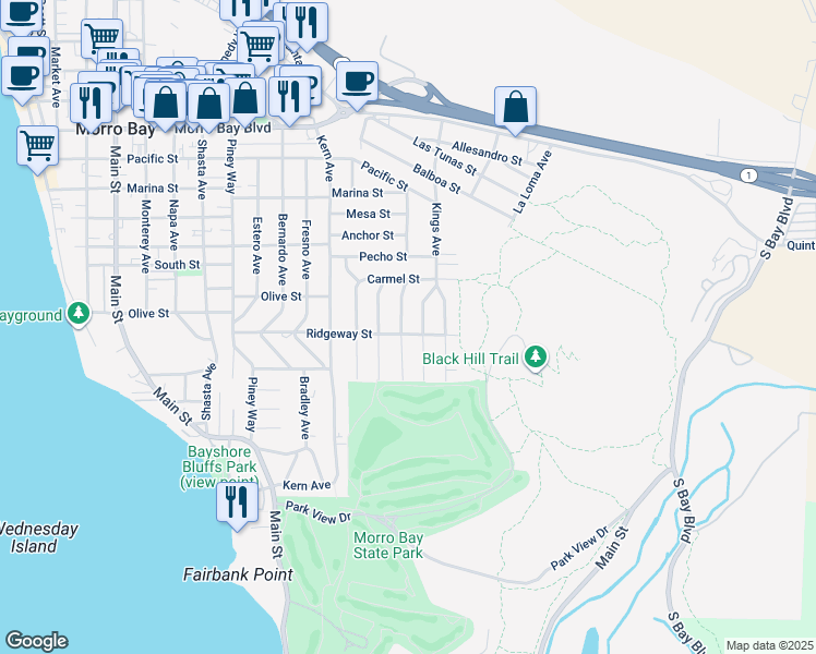 map of restaurants, bars, coffee shops, grocery stores, and more near 404 Tulare Avenue in Morro Bay