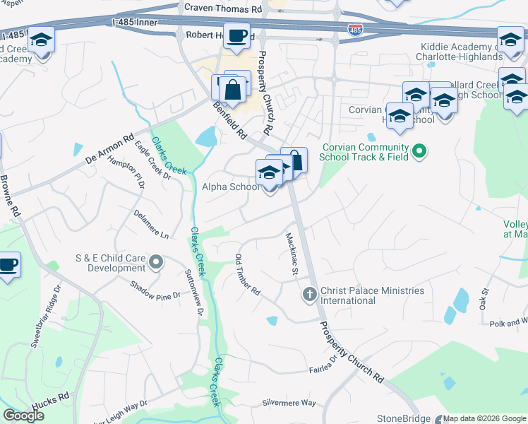 map of restaurants, bars, coffee shops, grocery stores, and more near 5102 Stone Park Drive in Charlotte