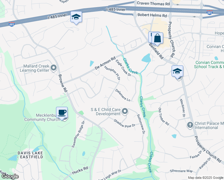 map of restaurants, bars, coffee shops, grocery stores, and more near 12123 Hampton Place Drive in Charlotte