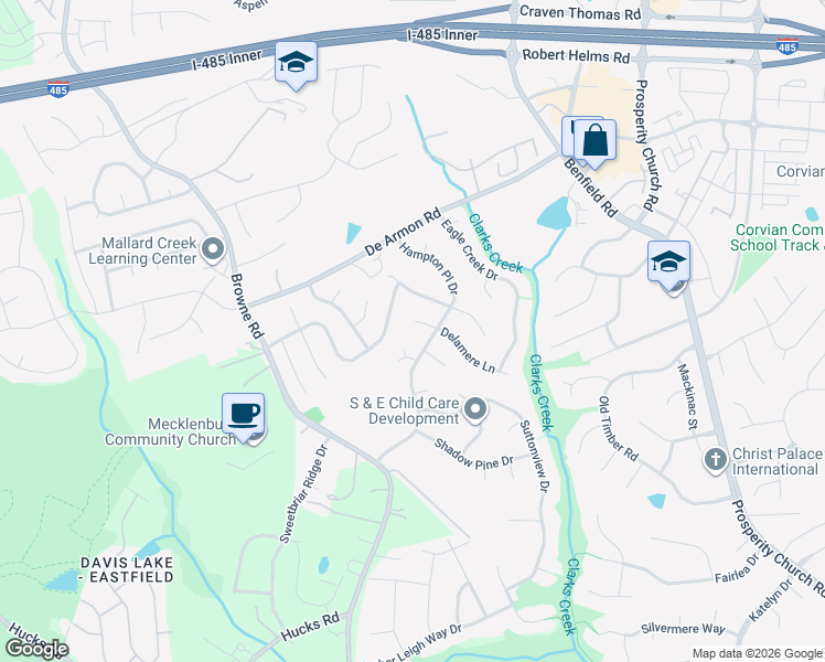 map of restaurants, bars, coffee shops, grocery stores, and more near 12123 Hampton Place Drive in Charlotte