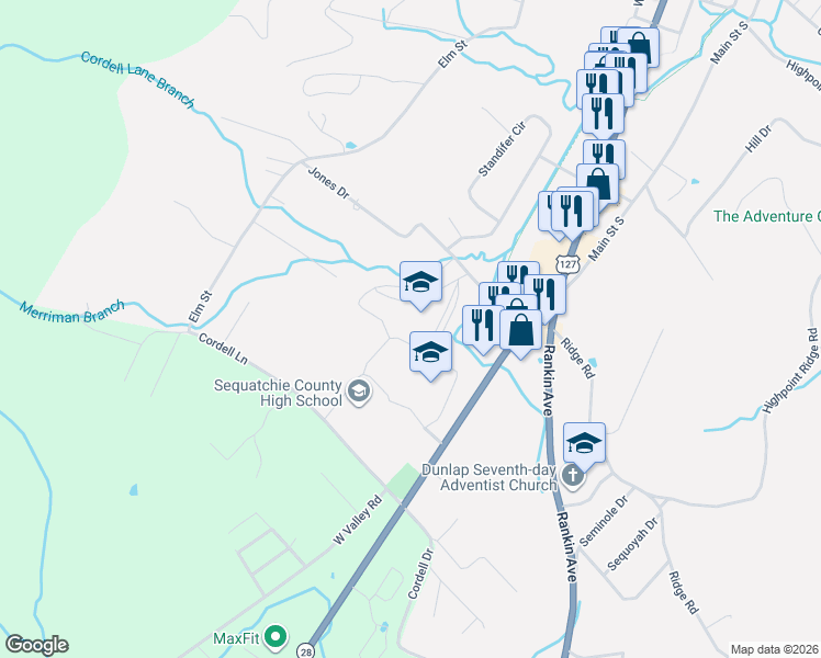 map of restaurants, bars, coffee shops, grocery stores, and more near 173 Jones Drive in Dunlap
