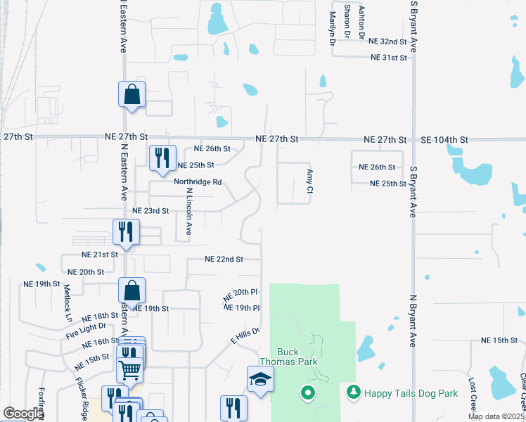 map of restaurants, bars, coffee shops, grocery stores, and more near 2428 East Hills Drive in Moore