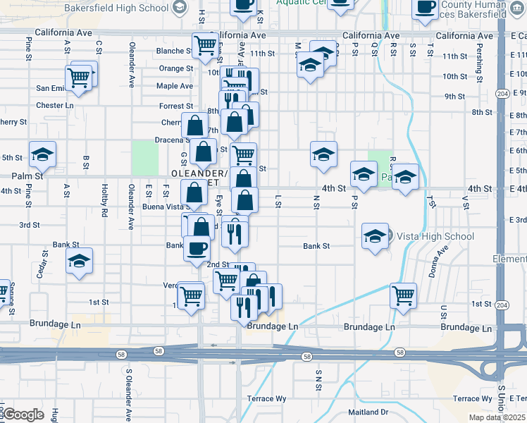 map of restaurants, bars, coffee shops, grocery stores, and more near 1331 Chester Place in Bakersfield