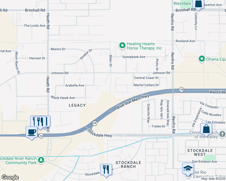 map of restaurants, bars, coffee shops, grocery stores, and more near 207 Riesling Vines Street in Bakersfield