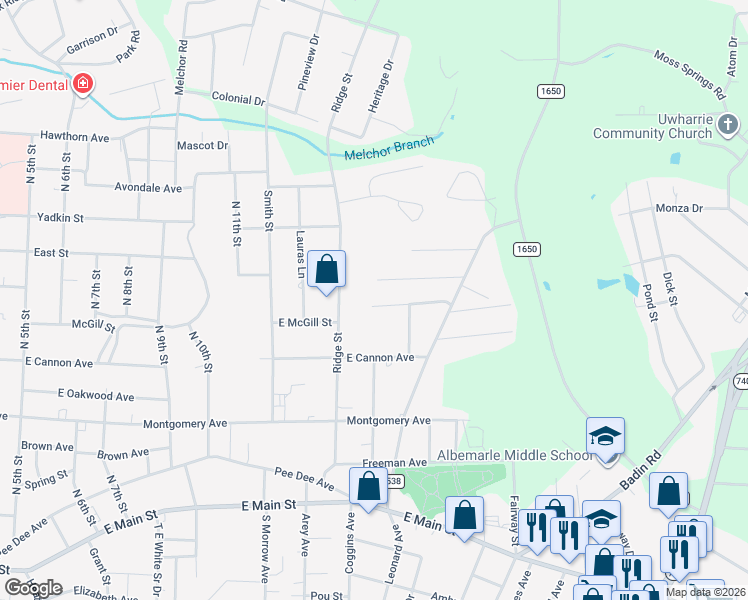 map of restaurants, bars, coffee shops, grocery stores, and more near 1191 Carolyn Drive in Albemarle