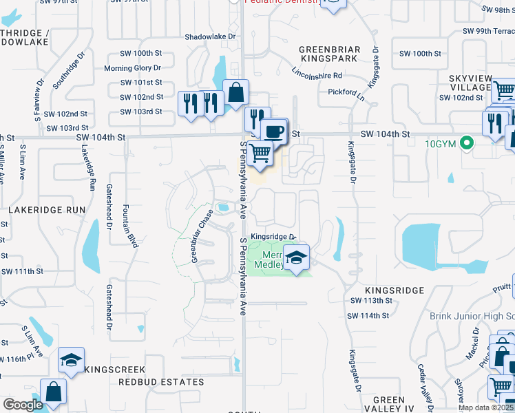 map of restaurants, bars, coffee shops, grocery stores, and more near 10900 South Pennsylvania Avenue in Oklahoma City