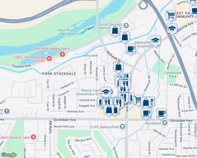 map of restaurants, bars, coffee shops, grocery stores, and more near 604 Hewlett Street in Bakersfield
