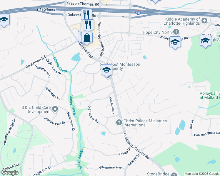 map of restaurants, bars, coffee shops, grocery stores, and more near 5128 Stone Park Drive in Charlotte