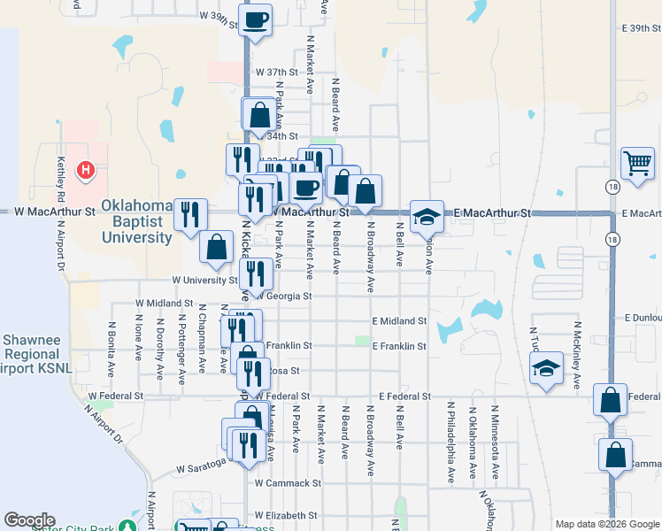 map of restaurants, bars, coffee shops, grocery stores, and more near 2500 North Beard Avenue in Shawnee