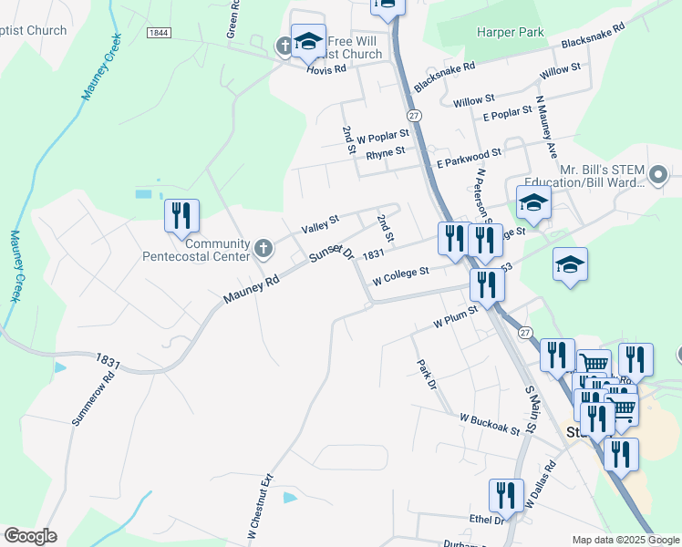map of restaurants, bars, coffee shops, grocery stores, and more near 211 Sunset Drive in Stanley