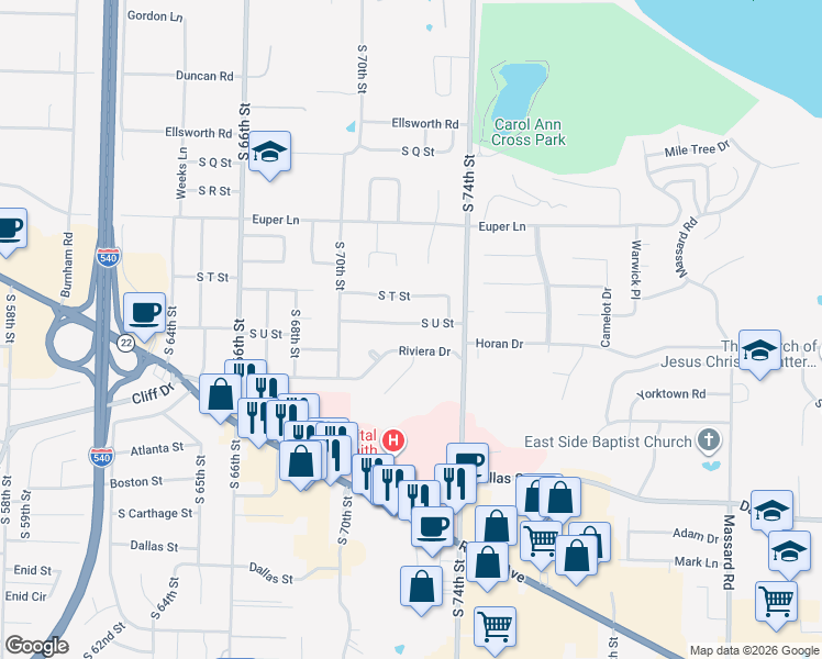 map of restaurants, bars, coffee shops, grocery stores, and more near 7124 South U Street in Fort Smith