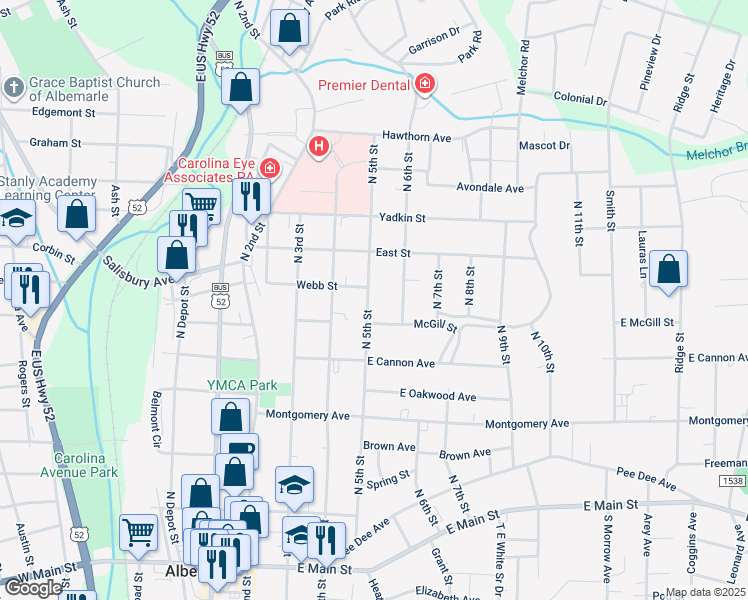 map of restaurants, bars, coffee shops, grocery stores, and more near 610 North 5th Street in Albemarle