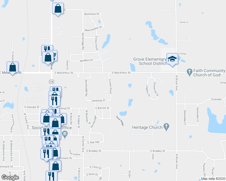 map of restaurants, bars, coffee shops, grocery stores, and more near 51 Crown Point in Shawnee