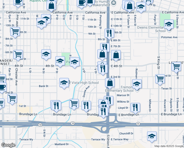 map of restaurants, bars, coffee shops, grocery stores, and more near 330 Donna Avenue in Bakersfield