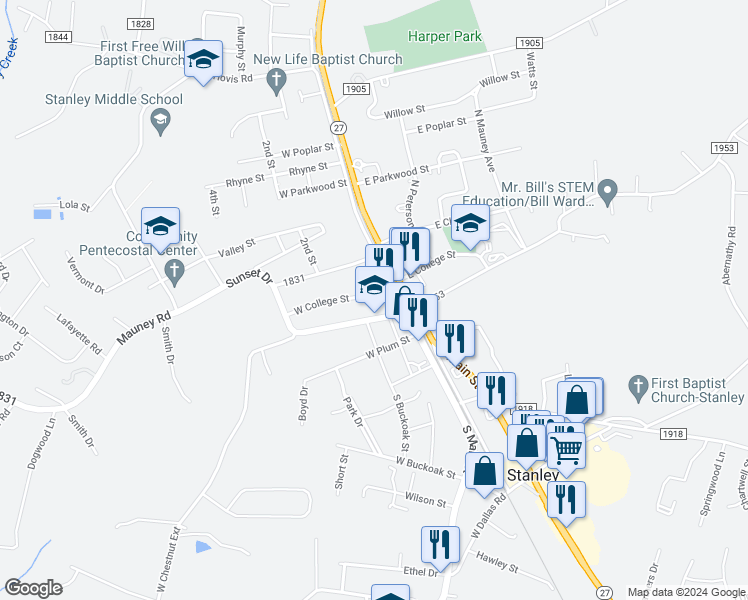 map of restaurants, bars, coffee shops, grocery stores, and more near 113 West College Street in Stanley