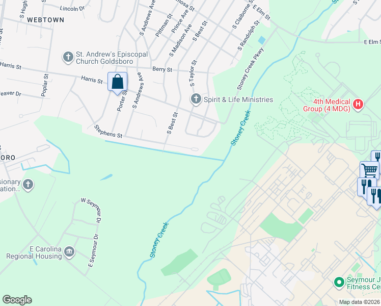 map of restaurants, bars, coffee shops, grocery stores, and more near 1906 Stephens Street in Goldsboro