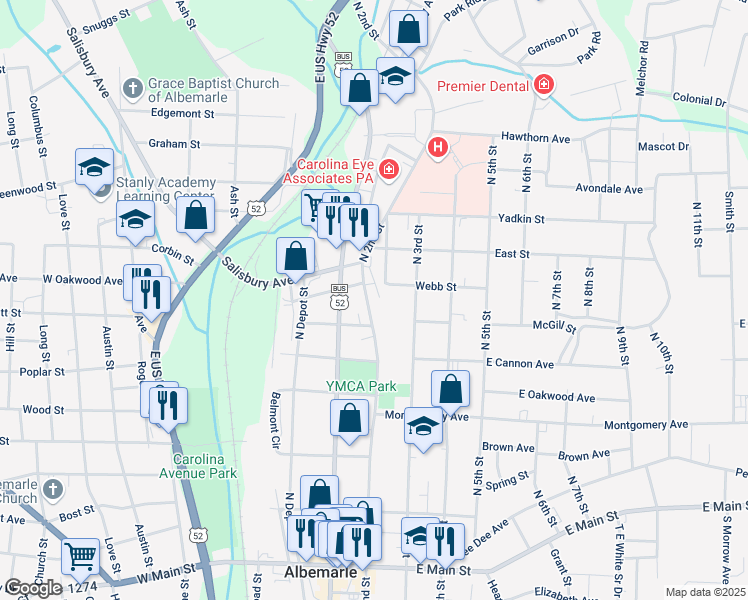 map of restaurants, bars, coffee shops, grocery stores, and more near 724 North 2nd Street in Albemarle