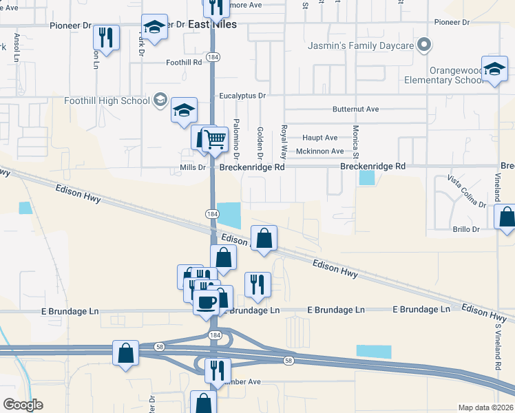 map of restaurants, bars, coffee shops, grocery stores, and more near 8315 Lambada Avenue in Bakersfield