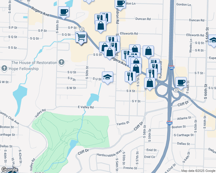 map of restaurants, bars, coffee shops, grocery stores, and more near 2500 South Waldron Road in Fort Smith