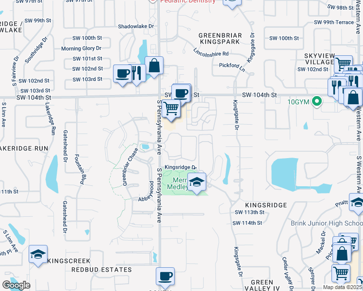 map of restaurants, bars, coffee shops, grocery stores, and more near 10900 South Pennsylvania Avenue in Oklahoma City