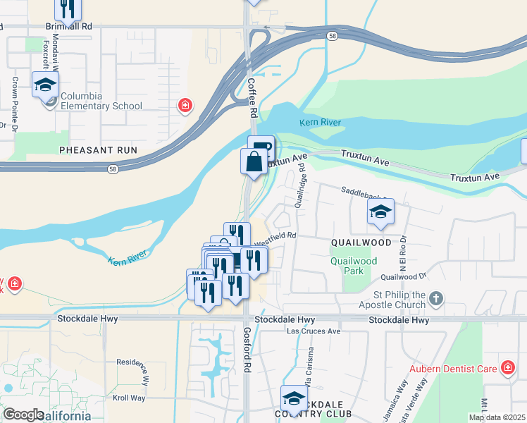 map of restaurants, bars, coffee shops, grocery stores, and more near 705 Deseret Way in Bakersfield