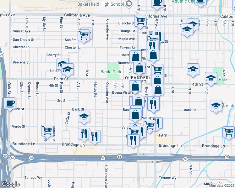 map of restaurants, bars, coffee shops, grocery stores, and more near 1927 Buena Vista Street in Bakersfield