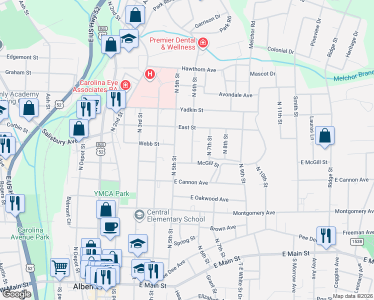 map of restaurants, bars, coffee shops, grocery stores, and more near 619 North 6th Street in Albemarle