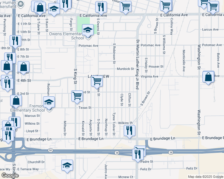 map of restaurants, bars, coffee shops, grocery stores, and more near 302 Tyree Toliver Street in Bakersfield