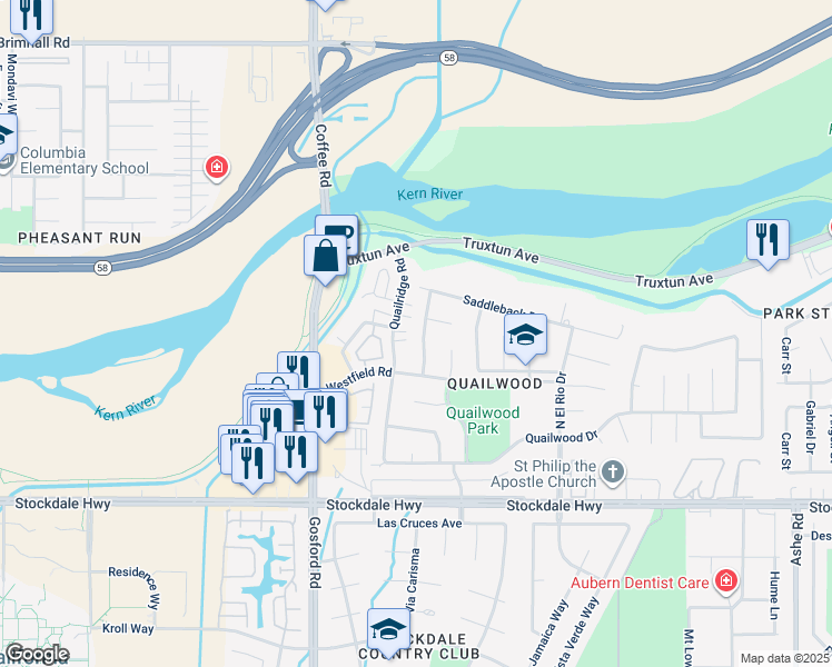 map of restaurants, bars, coffee shops, grocery stores, and more near 708 Empty Saddle Lane in Bakersfield
