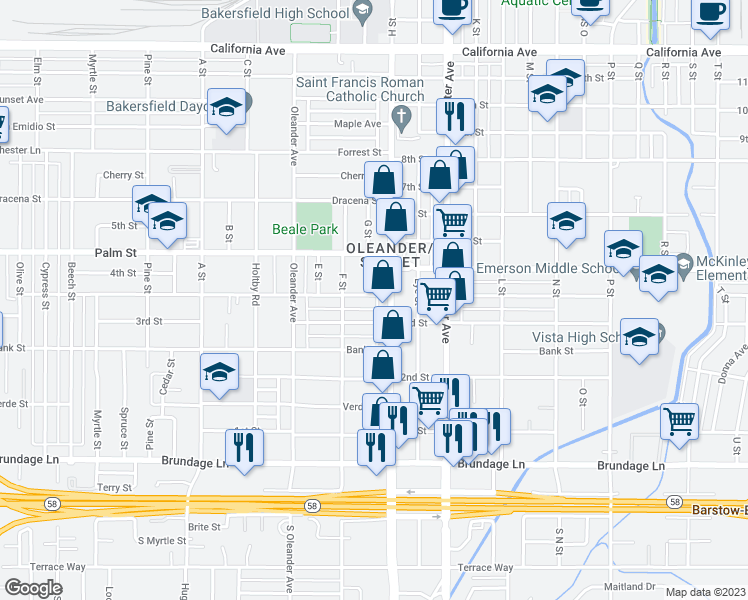 map of restaurants, bars, coffee shops, grocery stores, and more near 1715 Buena Vista Street in Bakersfield