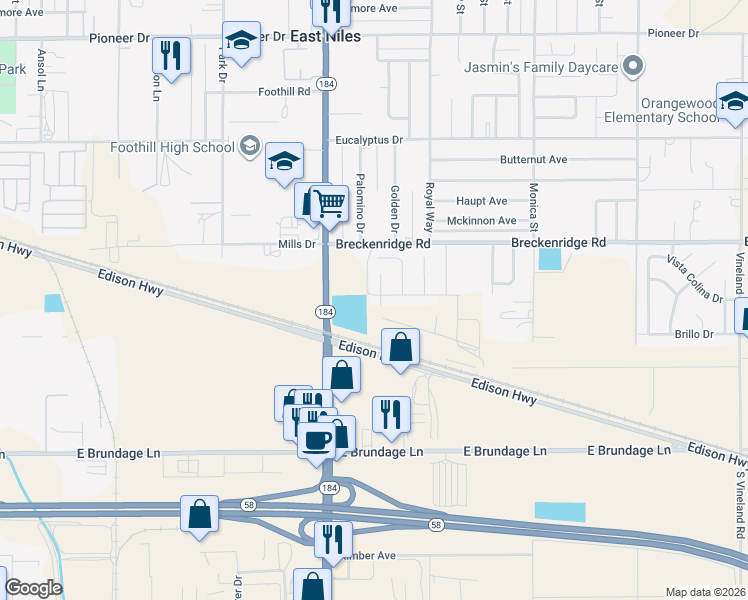 map of restaurants, bars, coffee shops, grocery stores, and more near 8315 Lambada Avenue in Bakersfield