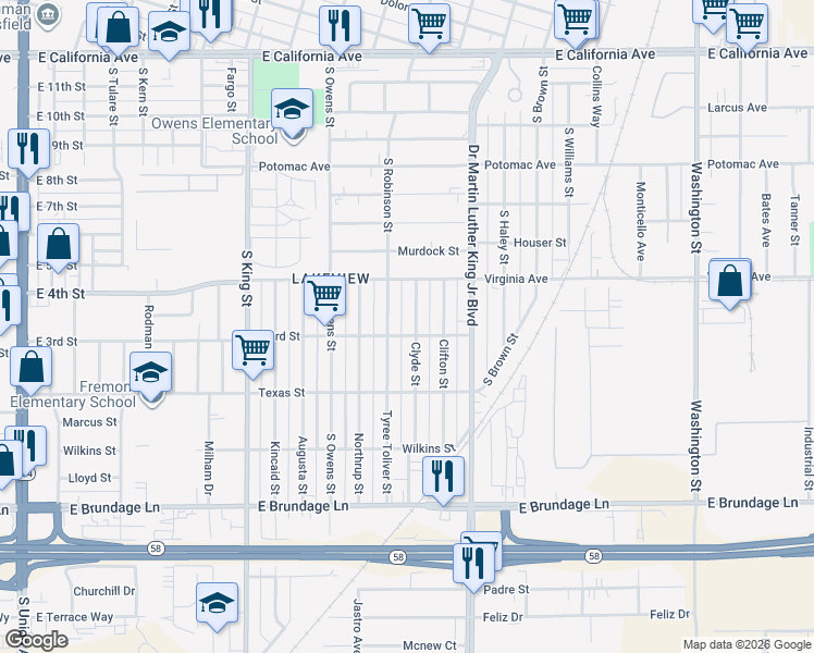 map of restaurants, bars, coffee shops, grocery stores, and more near 302 Clyde Street in Bakersfield