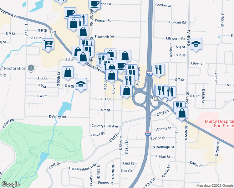 map of restaurants, bars, coffee shops, grocery stores, and more near 2415 South 57th Street in Fort Smith