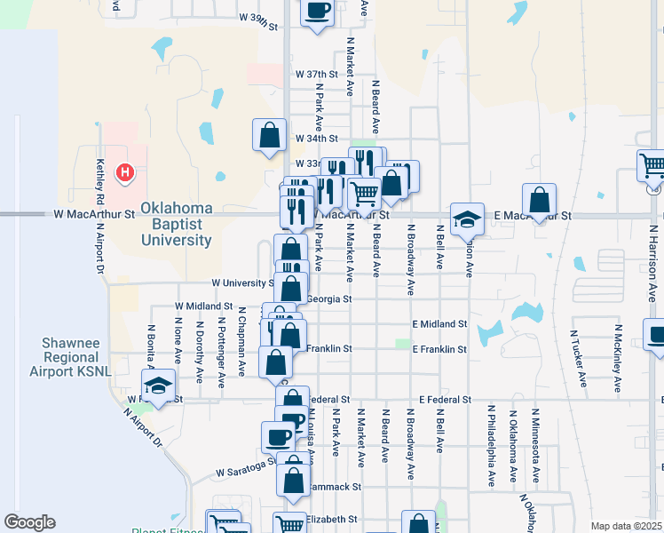 map of restaurants, bars, coffee shops, grocery stores, and more near 208 West Pulaski Street in Shawnee