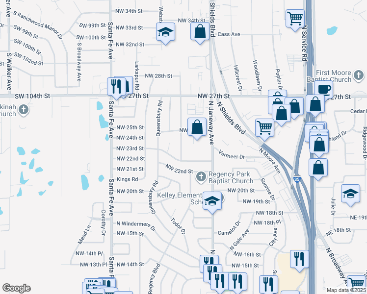 map of restaurants, bars, coffee shops, grocery stores, and more near 2408 Nottingham Way in Moore